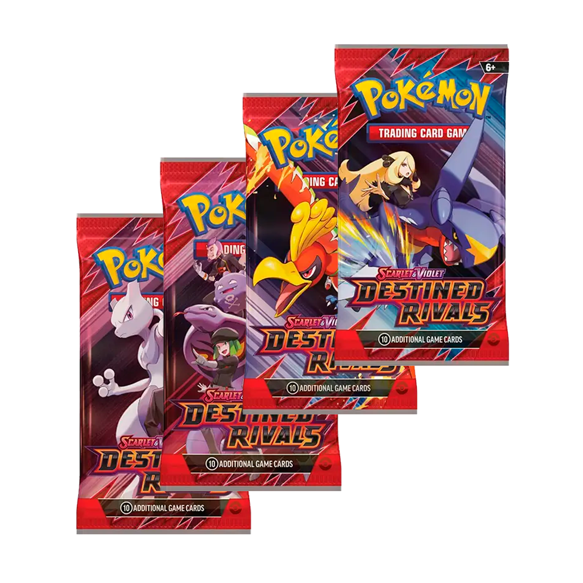 Four packs of Pokémon Trading Card Game 'Destined Rivals' on a white background