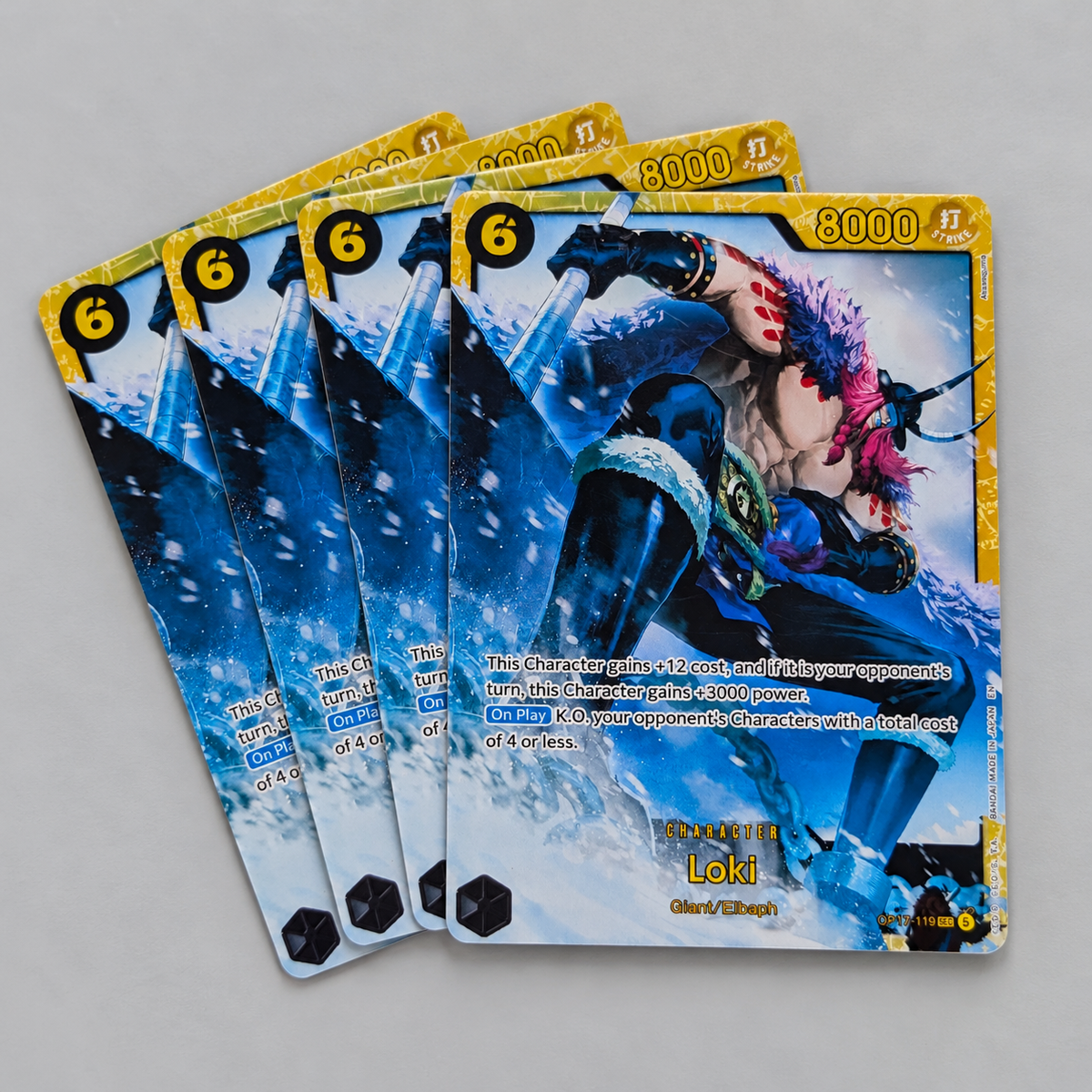 Four Loki OP17-119 fan-made proxy cards arranged on a light background