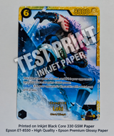 A collectible trading card featuring the character Loki, printed on glossy Inkjet Black Core 330 GSM paper. The card has a gold border, blue and white fantasy artwork, and a large diagonal 'TEST PRINT' watermark overlay.