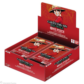 Card game packaging featuring a character from 'One Piece' with red and white design.
